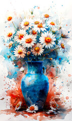 Bouquet of daisies in blue vase on abstract watercolor background.