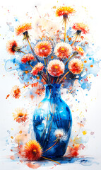 bouquet of dandelions in blue vase on white background.