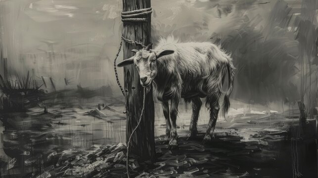 Goat tied to a post for sacrifice