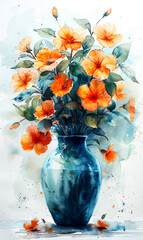 Vase with orange hibiscus flowers, watercolor painting.
