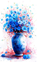 Bouquet of blue flowers in a blue vase on a white background.