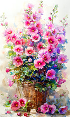 Bouquet of pink hollyhock flowers in a basket.