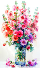 Bouquet of hibiscus flowers in glass vase.