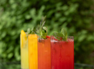 different lemonades in glass on table in cafe,pastry or restaurant. slice of fresh orange, lime or lemon on edge. green bush in background, sunny summer day,product photo.