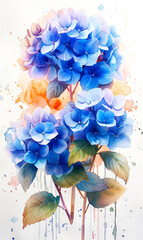 Watercolor painting of hydrangea flowers on white background.