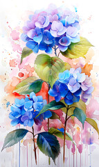 Watercolor painting of hydrangea flowers on watercolor background.