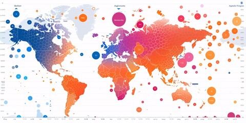 Fototapeta premium A world map covered in colorful dots representing various locations with different meanings and data points