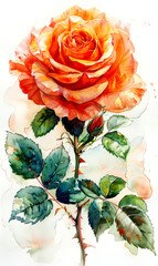 Watercolor painting of orange rose on white background.