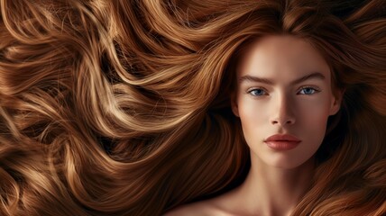 Obraz premium Ethereal Woman with Golden Brown Hair Spreading Like Waves