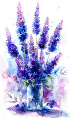 Watercolor lavender bouquet in vase on white background.