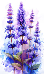 Lavender flowers on watercolor background. Watercolor illustration.