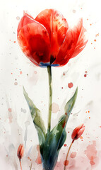 Watercolor painting of a red tulip on a white background.
