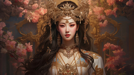 A realistic painting of a Chinese woman wearing a gold dress and crown. Showing luxury and having a backdrop of gold and pink trees.