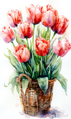 Bouquet of tulips in a basket. Watercolor illustration.