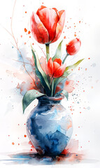 Red tulips in a blue vase with watercolor splashes.