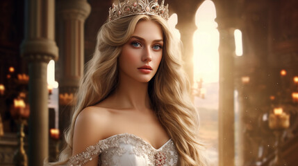  Beautiful young woman with long golden hair wearing a white evening dress In the event hall or palace