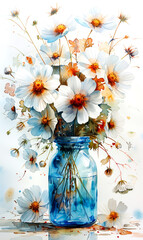 White daisies in a blue vase on a white background.