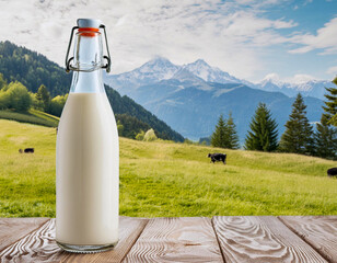 closed glass bottle of white fresh milk on wooden table with alpine mountain background