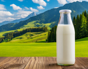 Glass bottle of fresh milk on a wooden table outdoor front green mountain country background