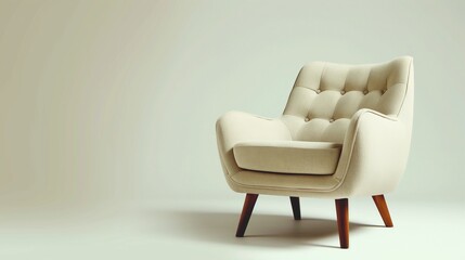 A stylish mid-century modern armchair with tapered wooden legs and tufted upholstery, showcased against a clean white background.