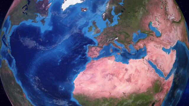 Realistic 3D Animation of Earth zooming into  Slovenia with its border highlighted with its National Flag in 4K