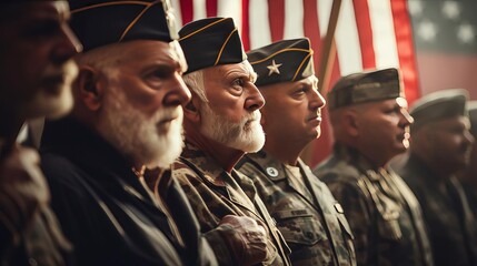 A group of elderly veterans stand in a row, saluting the American flag.