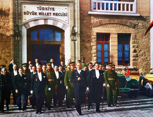 Mustafa Kemal Atatürk and his friends leaving the Turkish National Assembly Building. Realistic...