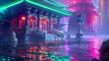 3D render of a vibrant, futuristic temple showcasing theological architecture in a surreal, neondrenched style