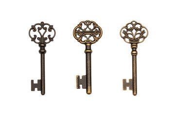 Mystical Trio: Antique Keys Unlocked on White or PNG Transparent Background.