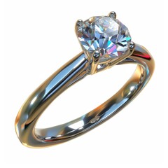 A diamond engagement ring shining on a white background
