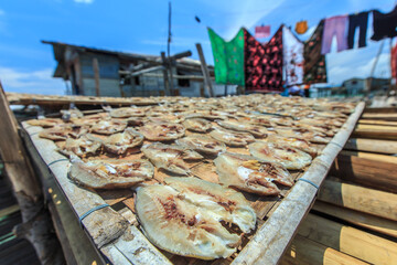 Dried salted fish in open space at Omadal island, an island mainly inhabited by sea Bajau.