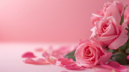 Beautiful pink roses on pastel background with copy space for text, Valentines Day concept.