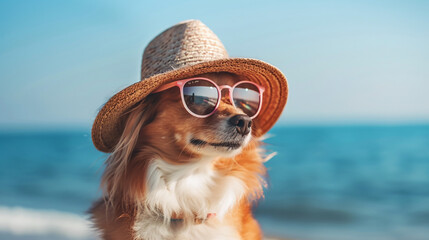 Dog in sunglasses and a round hat against the background of the sea