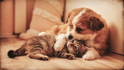 Heartwarming Photograph of a Fluffy Puppy Cuddling with a Kitten