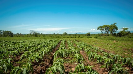 Cassava field under a clear blue sky