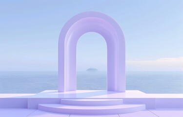 3d render, podium with arch window view to the sea and sky background, pastel purple color