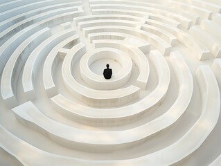 A lone figure sits in the center of a large, white, circular maze, symbolizing isolation, contemplation, and the complexity of life's journey