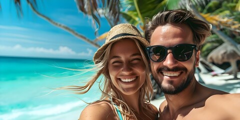 Fototapeta premium A couple taking a selfie on a tropical beach vacation in Mexico. Concept Tropical Beach Vacation, Mexico, Couple, Selfie, Travel