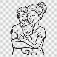 Black line art design of an family, vector illustration for coloring book pages on transparent background