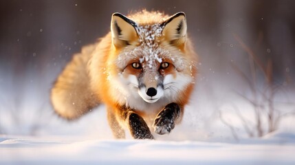 Obraz premium A majestic red fox runs through the snow in the forest.