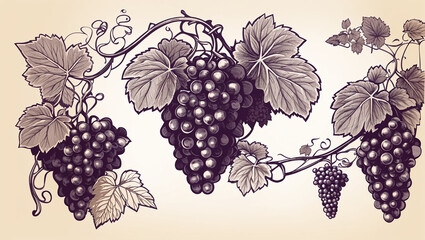 A black and white drawing of grape vines with leaves and several clusters of grapes.

