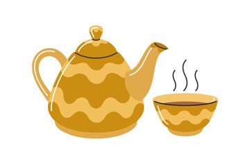 Teapot and cups. Tea kettle with two bowls. Vector illustration 