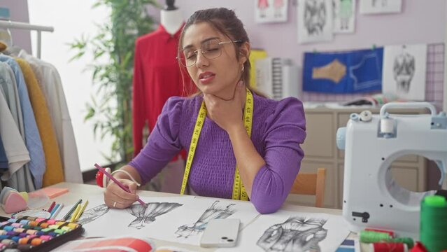 Young hispanic woman dressmaker sitting on table touching painful neck, sore throat for flu, clod and infection a atelier