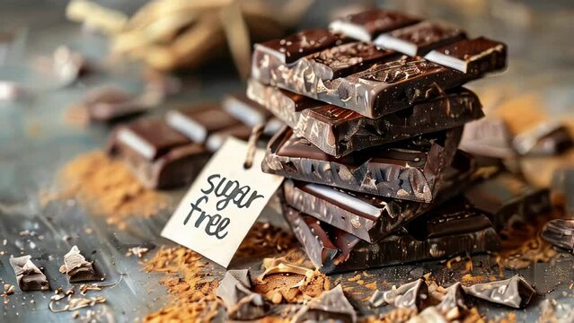 Stacked dark chocolate pieces with a 'sugar free' tag on textured surface
