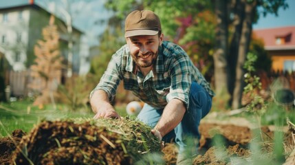 Happy gardener, 35, laying rolled lawn with concentration and satisfaction, sporting a smile
