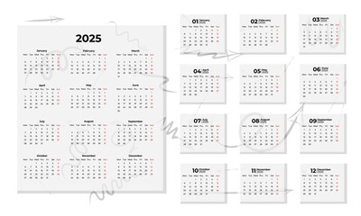 Bright vector calendar for 2025 with colorful illustrations. Perfect for planning, office and home decor. User-friendly design, each month is decorated in a unique style