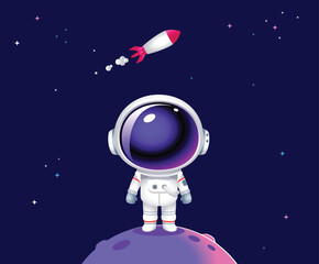 Vector cute Astronaut character Standing on some Planet with a rocket flying in Space