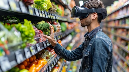 Man Shopping with VR Headset in Grocery Store