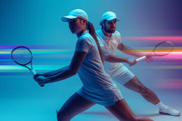 AI generated illustration of a studio shot of mixed doubles tennis players on a white background