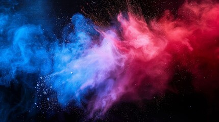 A vibrant and dynamic explosion of blue and pink powder against a contrasting black background, depicting action and energy